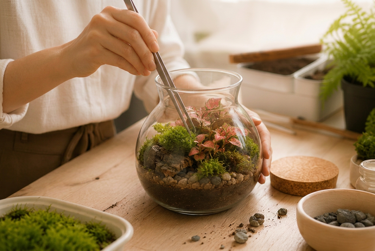 Hands placing moss into a glass terrarium on a wooden workbench