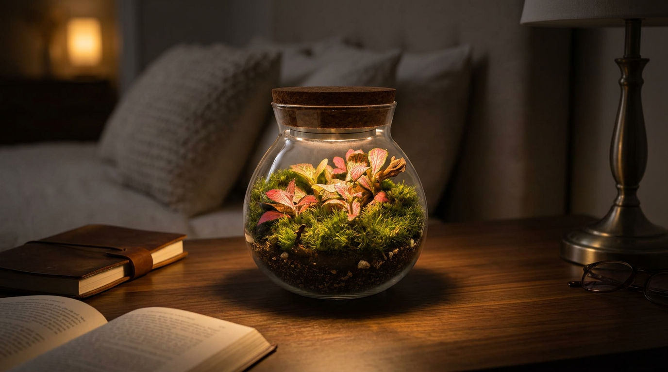 A glowing handcrafted moss terrarium night light on a wooden table in a dim room at dusk
